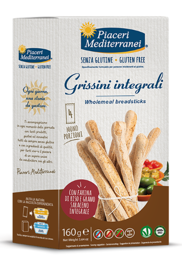 Wholemeal grissini gluten-free, lactose-free and egg-free, vegan