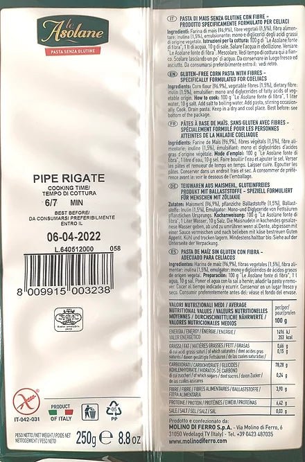 Asolane Pipe Rigate mais (corn) gluten - free - HEALTHY LIVING SARLS www.luxembourgglutenfree.com