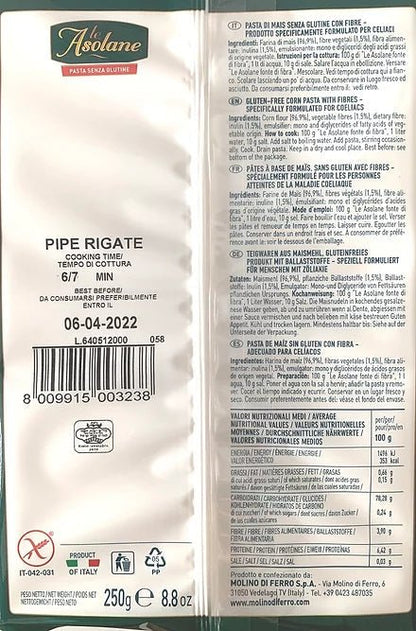 Asolane Pipe Rigate mais (corn) gluten - free - HEALTHY LIVING SARLS www.luxembourgglutenfree.com