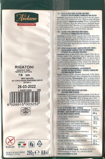 Rigatoni Mais (Corn) gluten-free